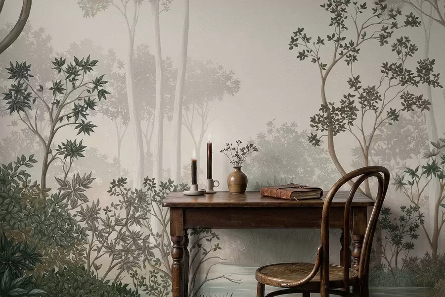 murais de parede Floresta enevoada com árvores e um curso de água tranquilo w05700