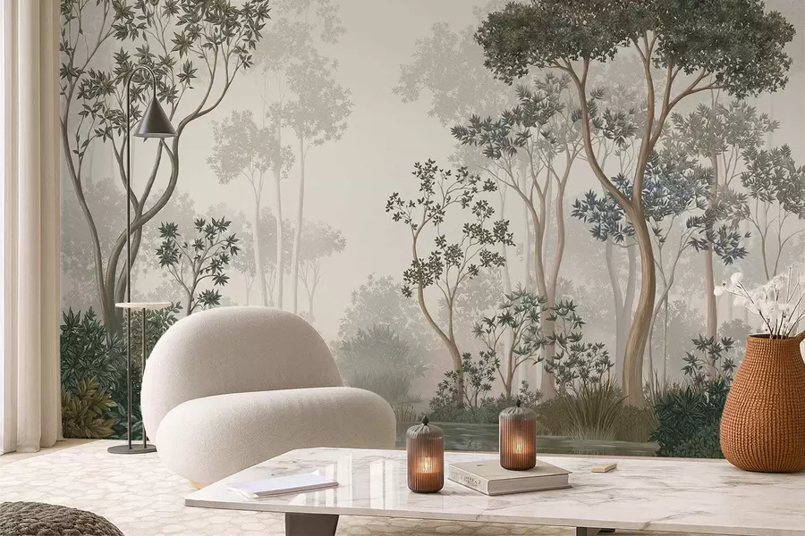 murais de parede Floresta enevoada com árvores e um curso de água tranquilo w05700