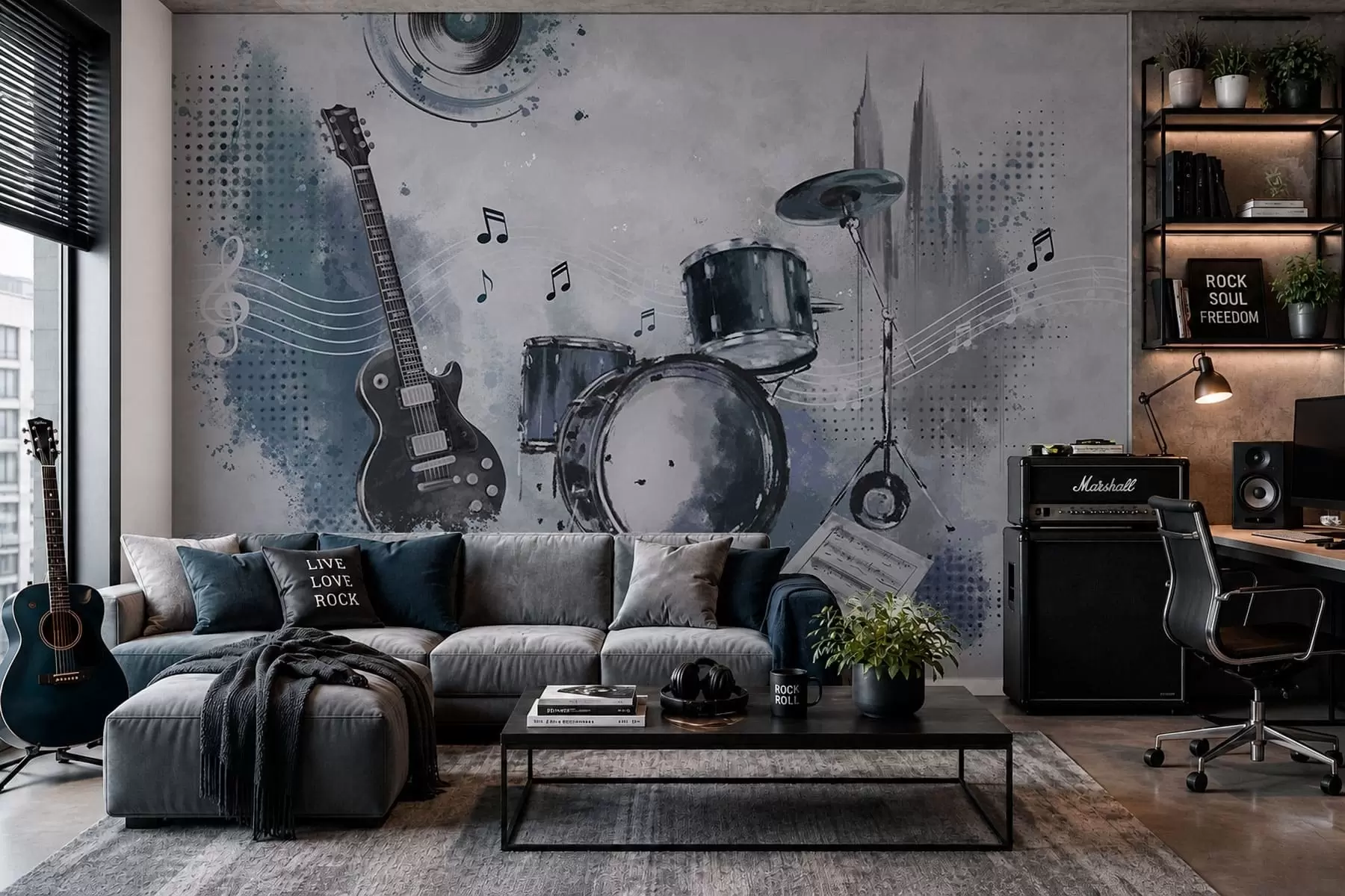murais de parede Guitarra e bateria com notas musicais w05546