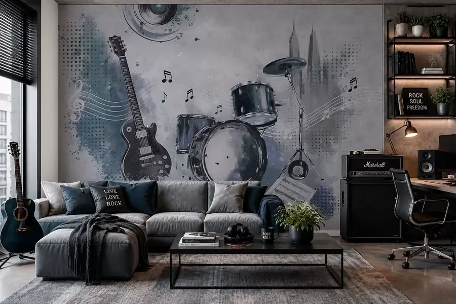 murais de parede Guitarra e bateria com notas musicais w05546