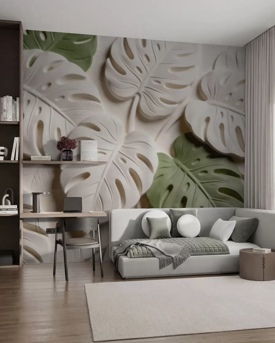 murais de parede Folhas botânicas de monstera em relevo, em tons de creme e verde w09883