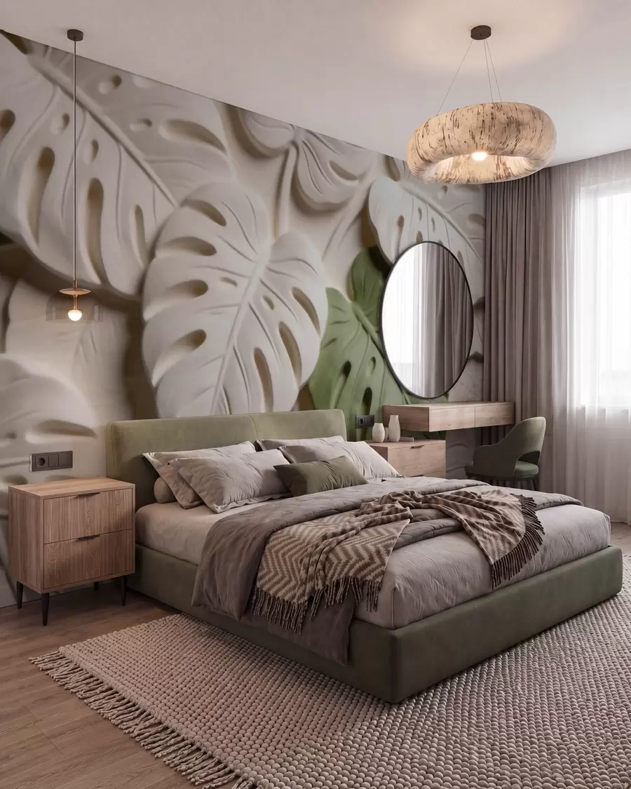 murais de parede Folhas botânicas de monstera em relevo, em tons de creme e verde w09883