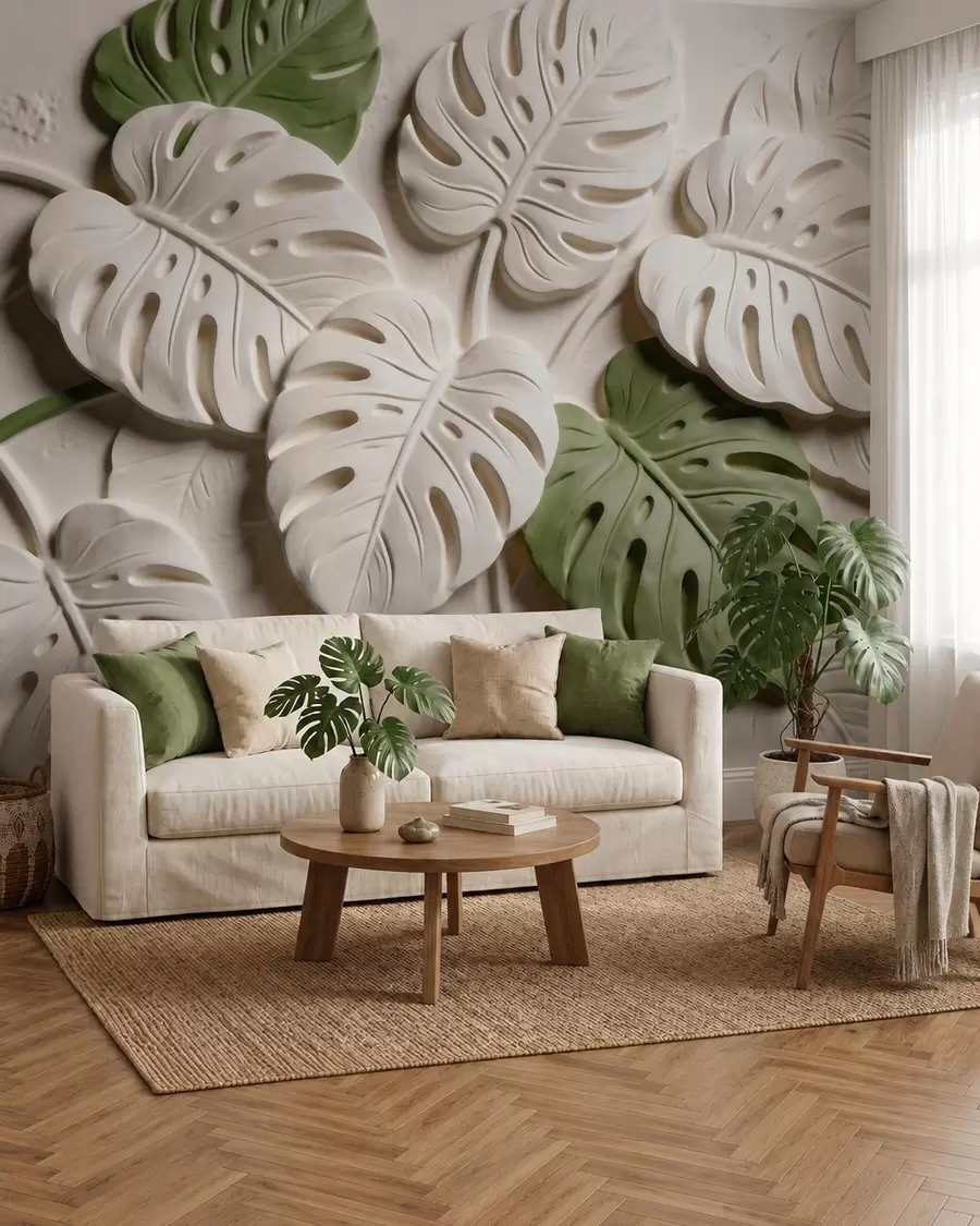murais de parede Folhas botânicas de monstera em relevo, em tons de creme e verde w09883