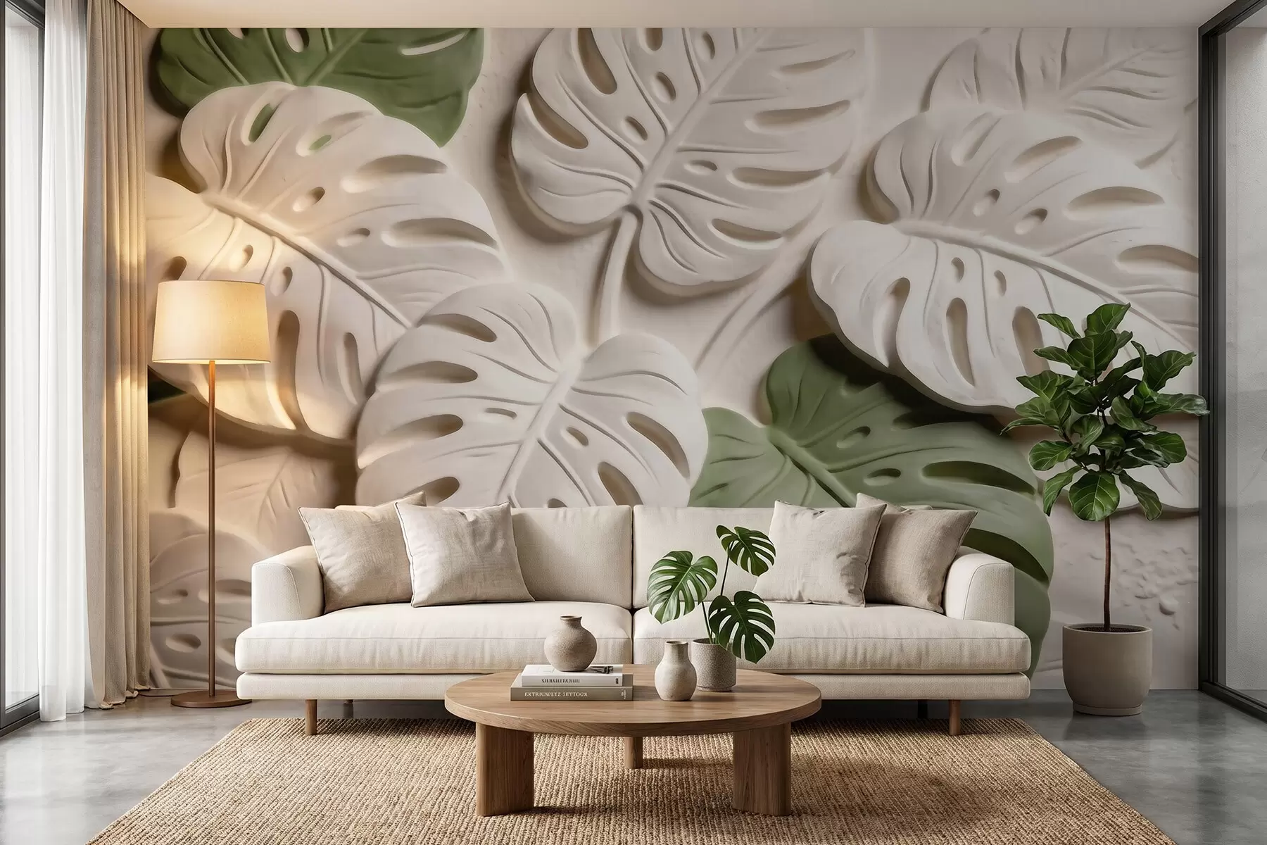 murais de parede Folhas botânicas de monstera em relevo, em tons de creme e verde w09883