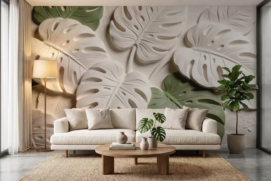 murais de parede Folhas botânicas de monstera em relevo, em tons de creme e verde w09883