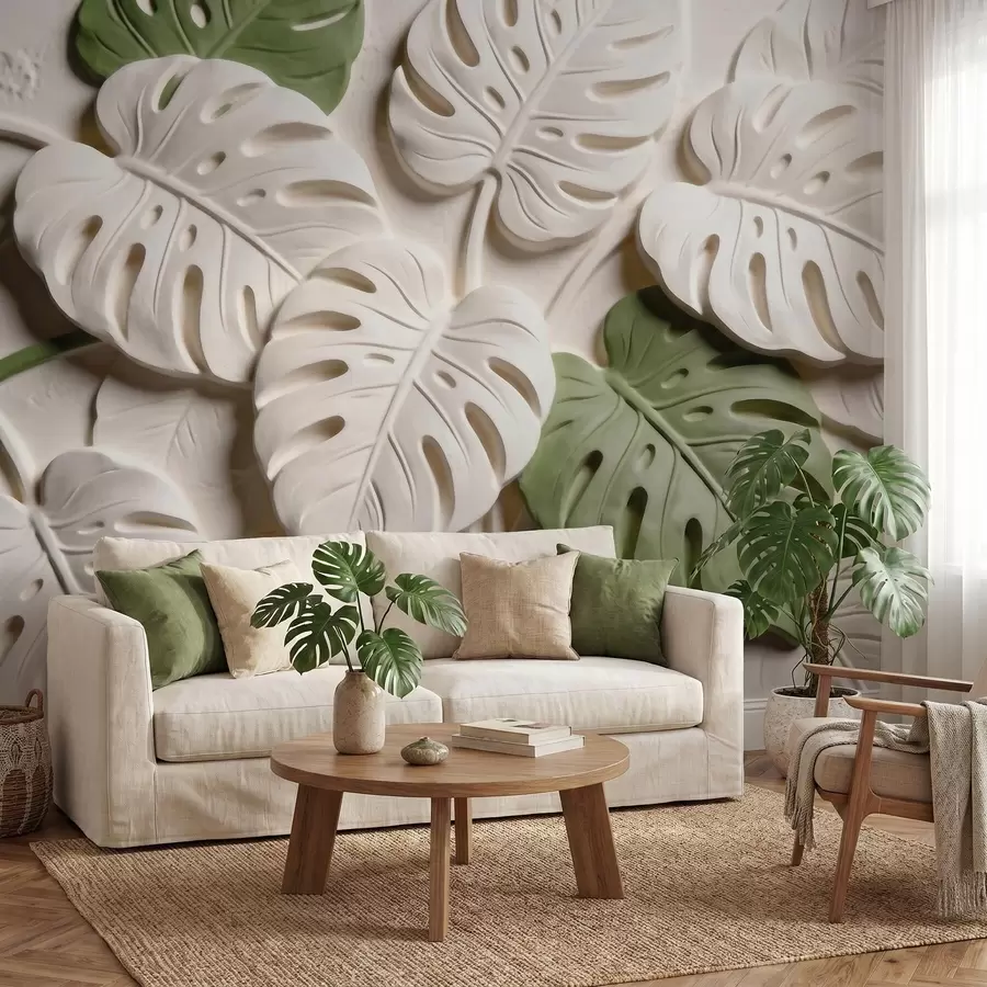 murais de parede Folhas botânicas de monstera em relevo, em tons de creme e verde w09883
