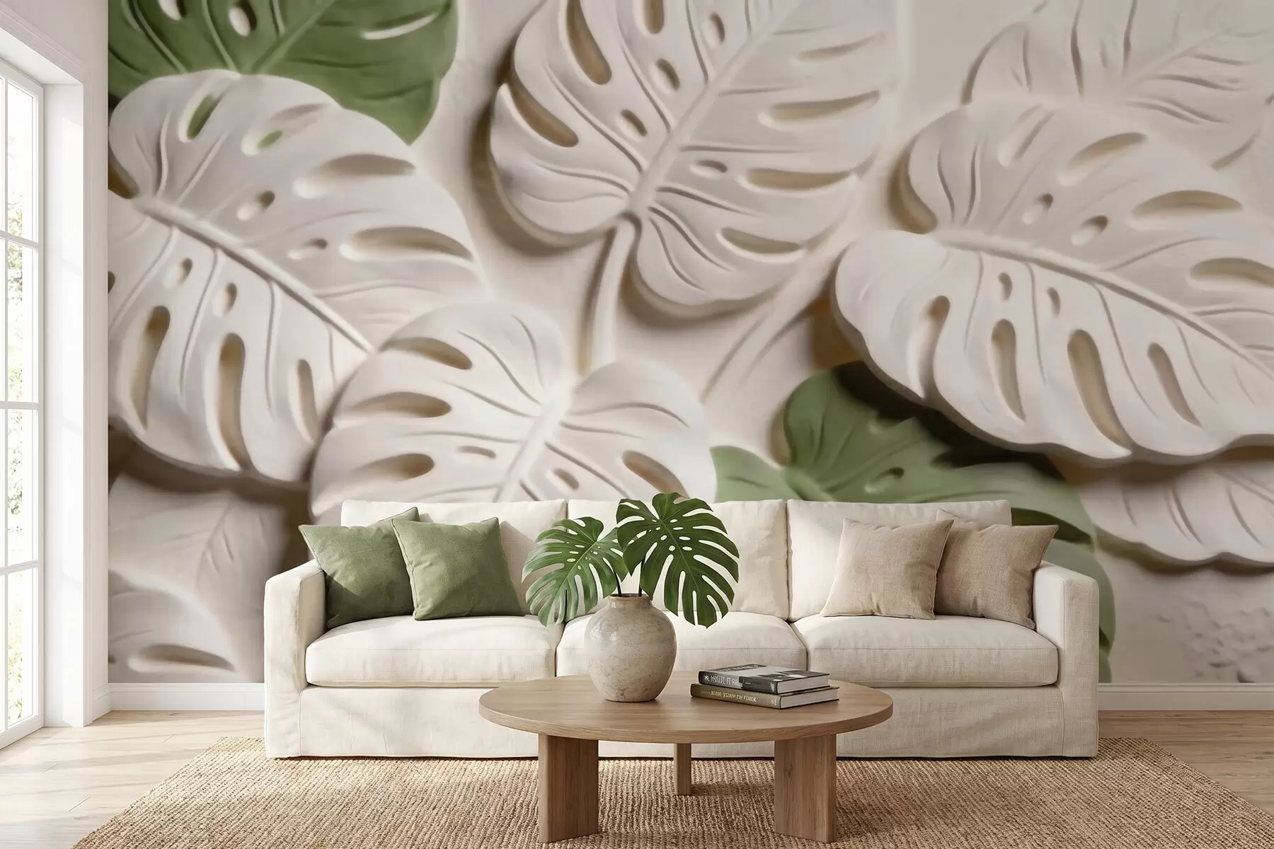 murais de parede Folhas botânicas de monstera em relevo, em tons de creme e verde w09883