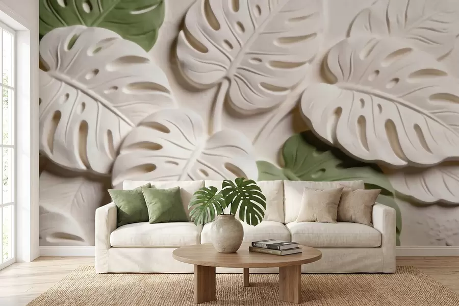 murais de parede Folhas botânicas de monstera em relevo, em tons de creme e verde w09883