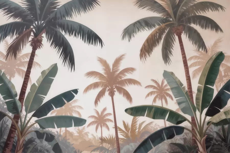 murais de parede Palmeiras tropicais em uma suave paleta vintage, com uma atmosfera de manhã enevoada w09884