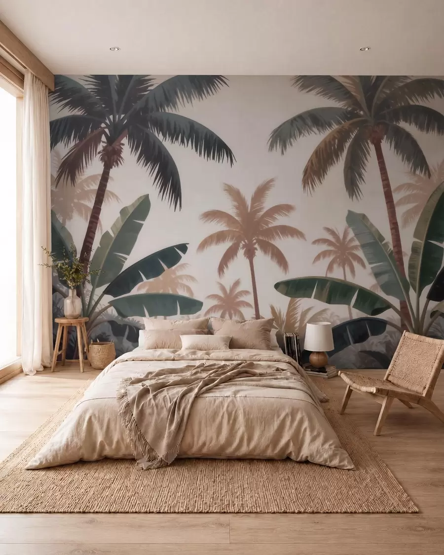 murais de parede Palmeiras tropicais em uma suave paleta vintage, com uma atmosfera de manhã enevoada w09884