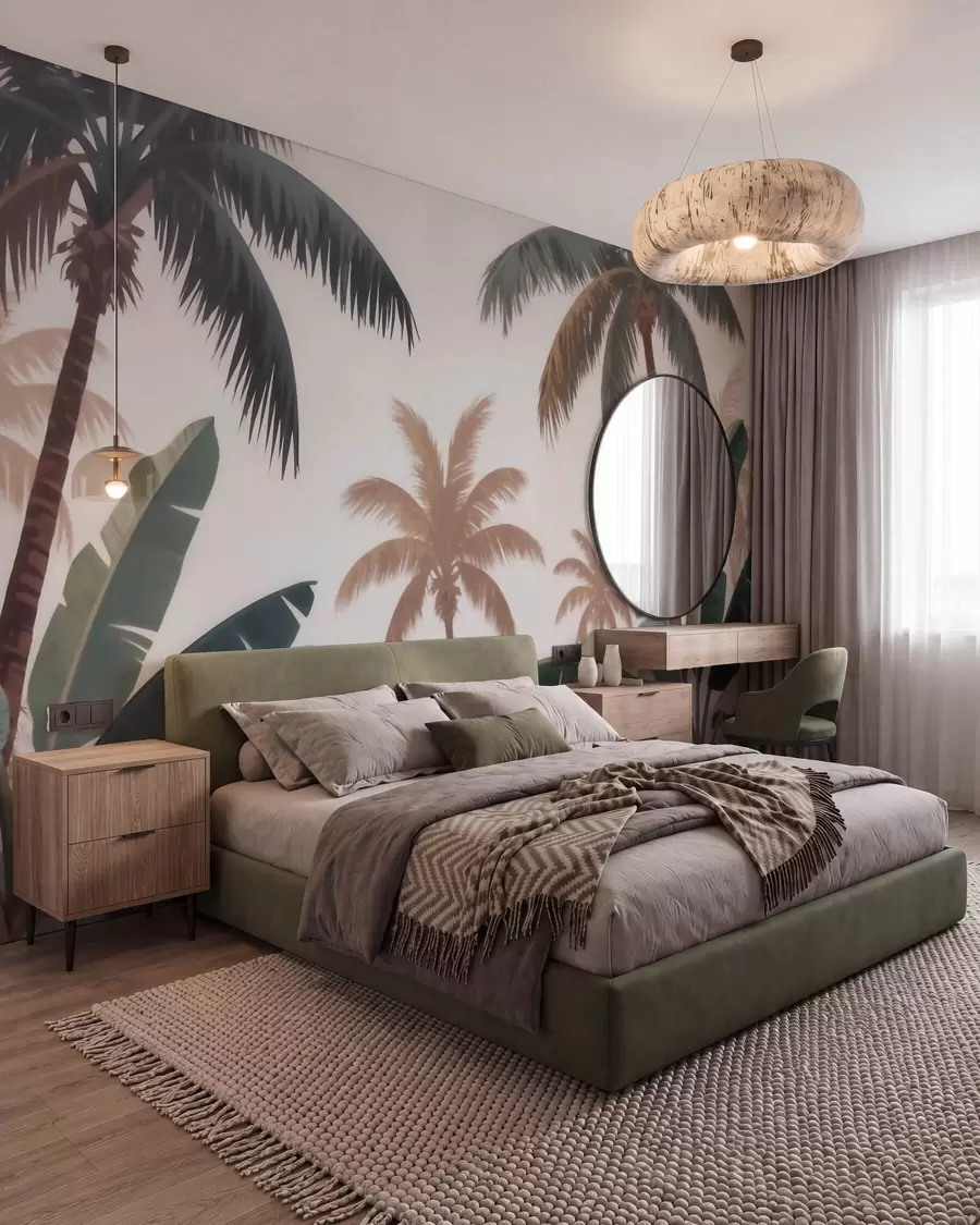 murais de parede Palmeiras tropicais em uma suave paleta vintage, com uma atmosfera de manhã enevoada w09884