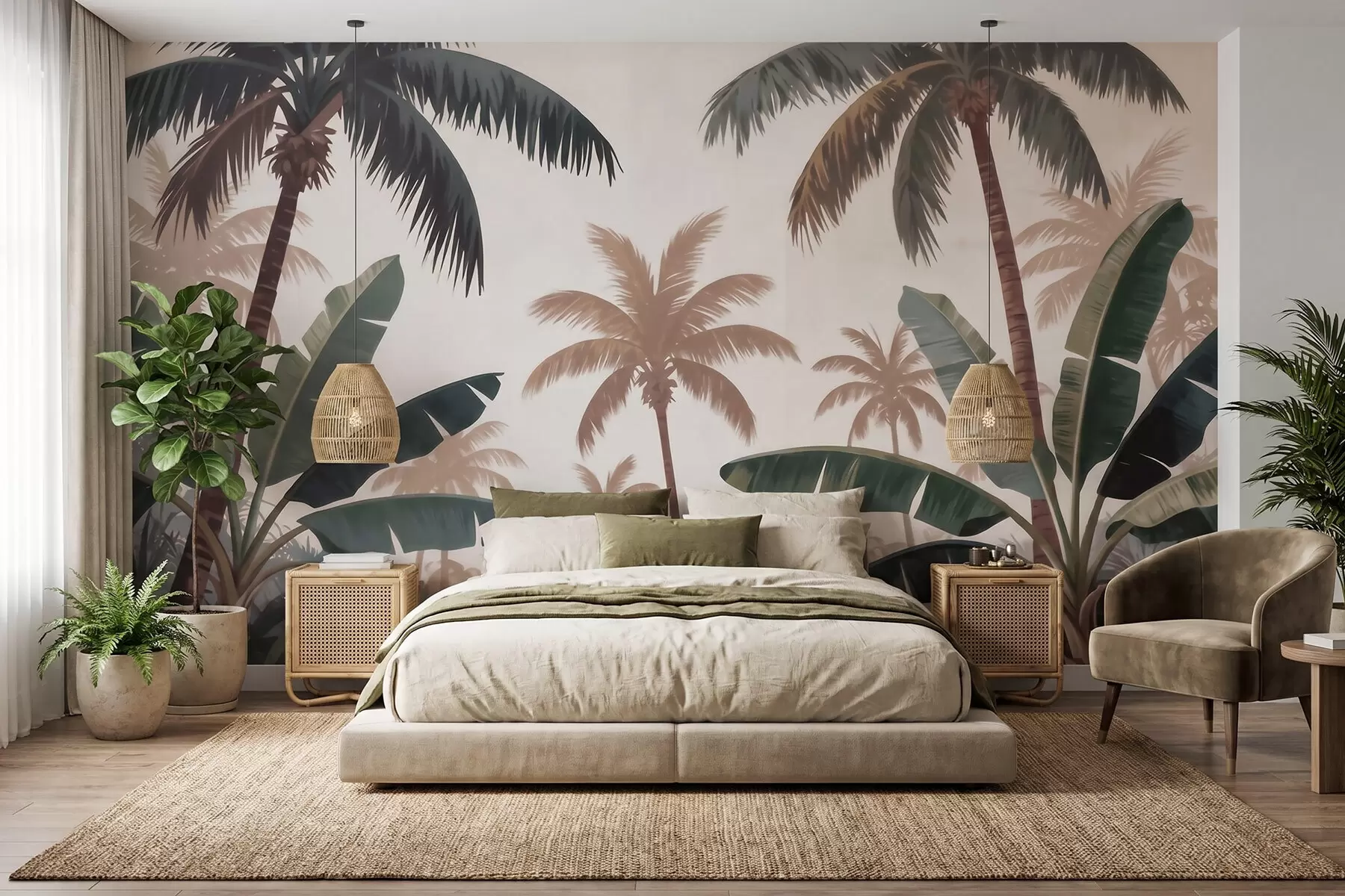 murais de parede Palmeiras tropicais em uma suave paleta vintage, com uma atmosfera de manhã enevoada w09884
