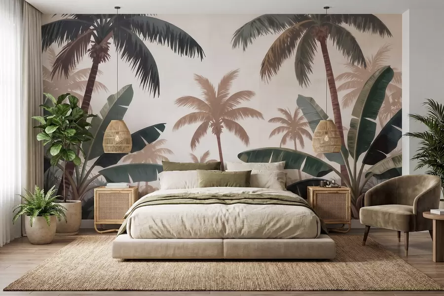 murais de parede Palmeiras tropicais em uma suave paleta vintage, com uma atmosfera de manhã enevoada w09884