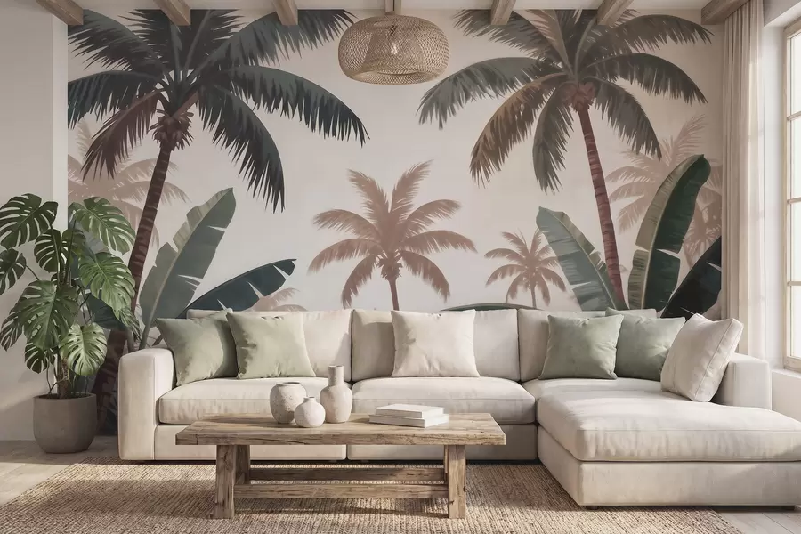 murais de parede Palmeiras tropicais em uma suave paleta vintage, com uma atmosfera de manhã enevoada w09884