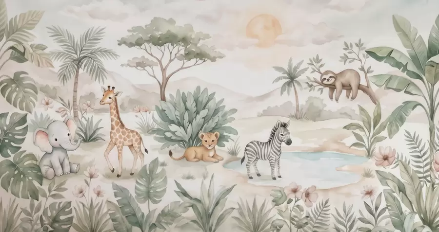 murais de parede Cena de safári em aquarela com animais em delicados tons pastéis, retratando uma girafa, um filhote de elefante, uma zebra e um filhote de leão w09888