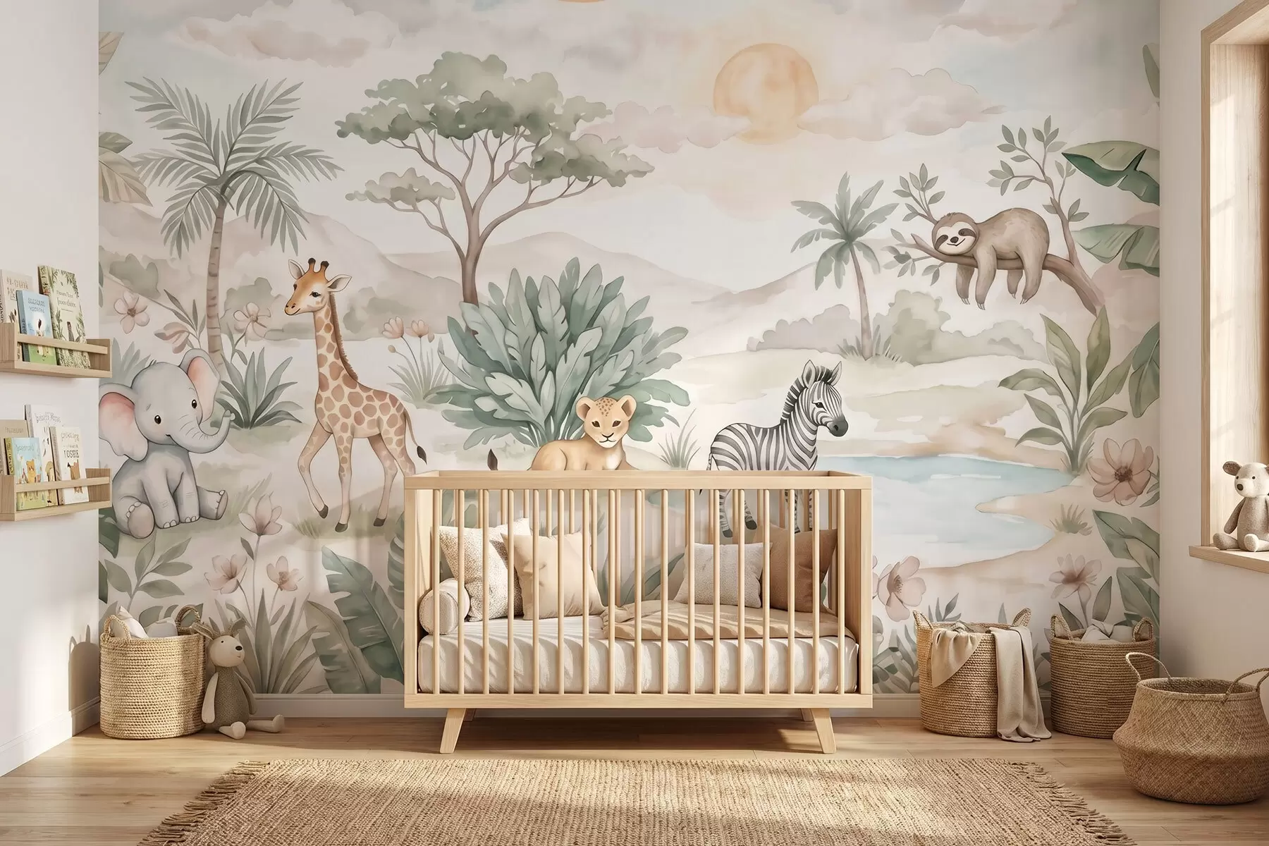 murais de parede Cena de safári em aquarela com animais em delicados tons pastéis, retratando uma girafa, um filhote de elefante, uma zebra e um filhote de leão w09888