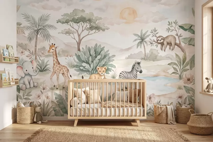 murais de parede Cena de safári em aquarela com animais em delicados tons pastéis, retratando uma girafa, um filhote de elefante, uma zebra e um filhote de leão w09888