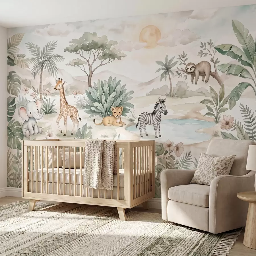 murais de parede Cena de safári em aquarela com animais em delicados tons pastéis, retratando uma girafa, um filhote de elefante, uma zebra e um filhote de leão w09888