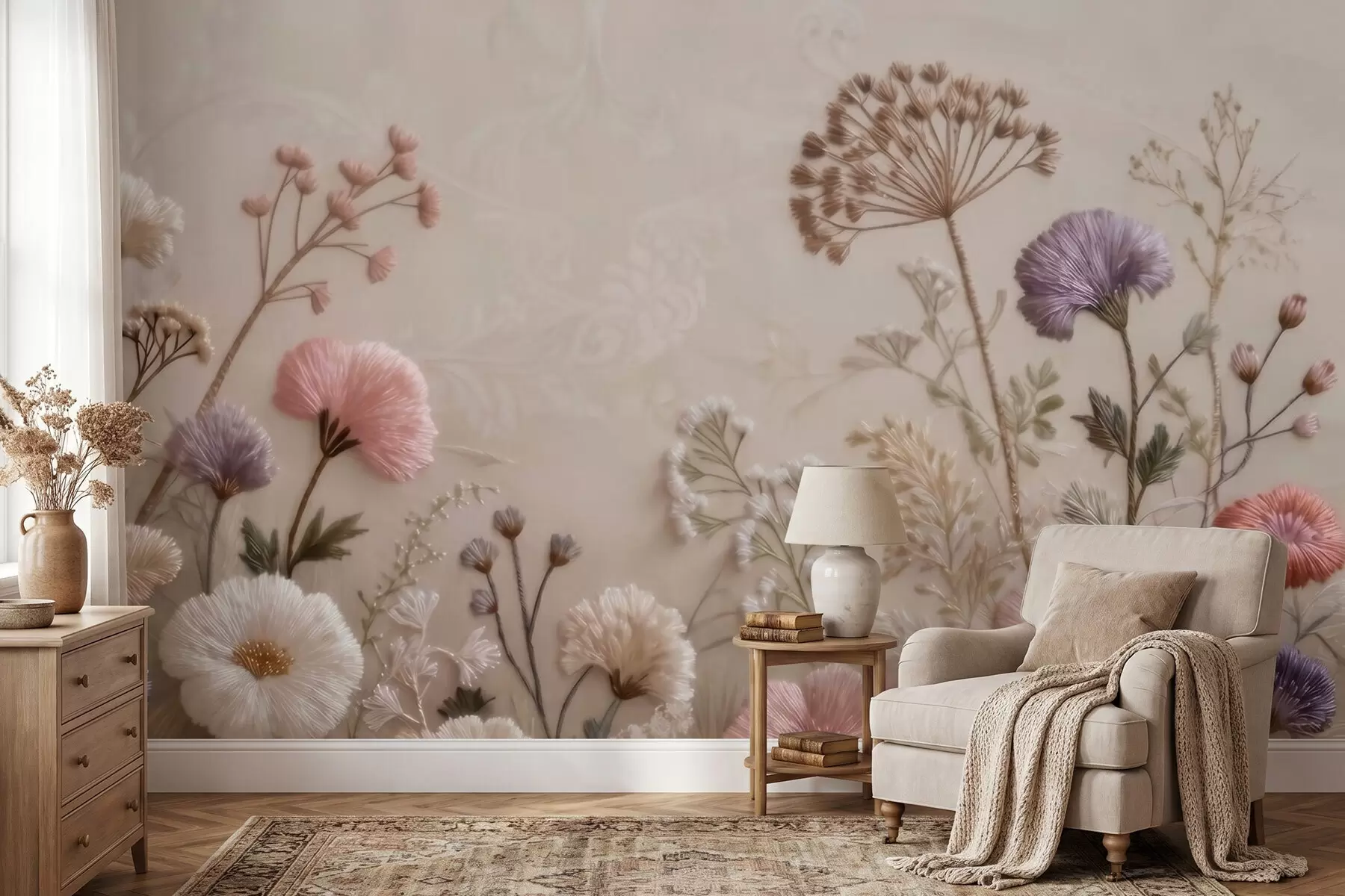 murais de parede Flores silvestres tridimensionais com efeito de bordado artesanal em tons pastéis w09874