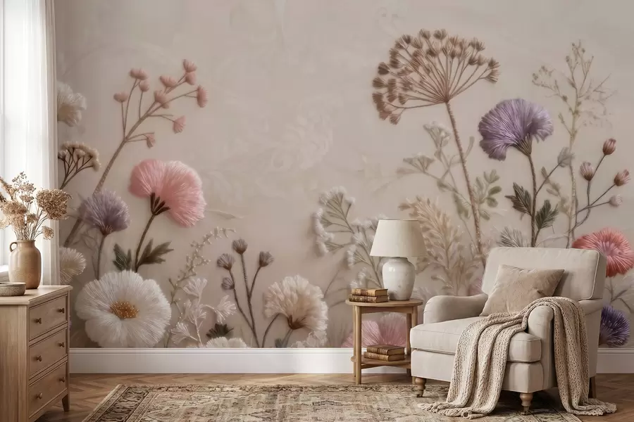 murais de parede Flores silvestres tridimensionais com efeito de bordado artesanal em tons pastéis w09874