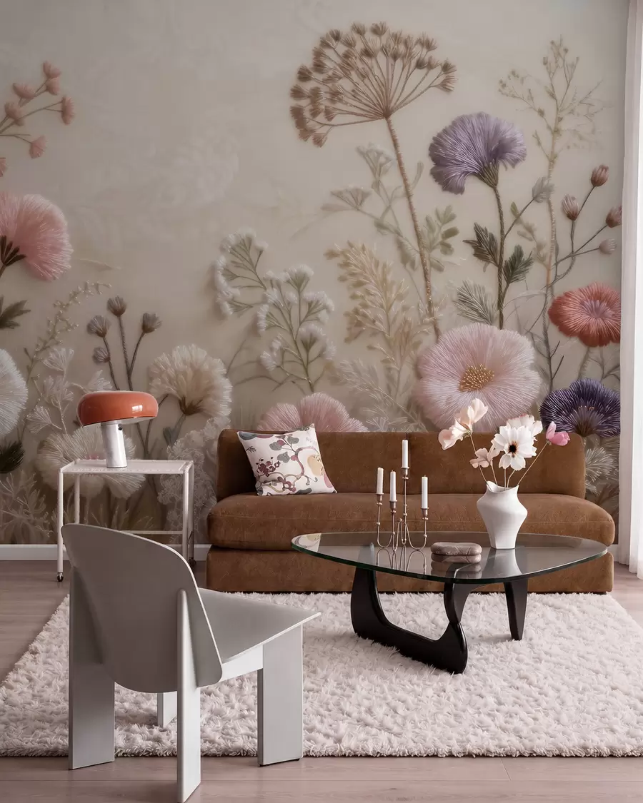 murais de parede Flores silvestres tridimensionais com efeito de bordado artesanal em tons pastéis w09874