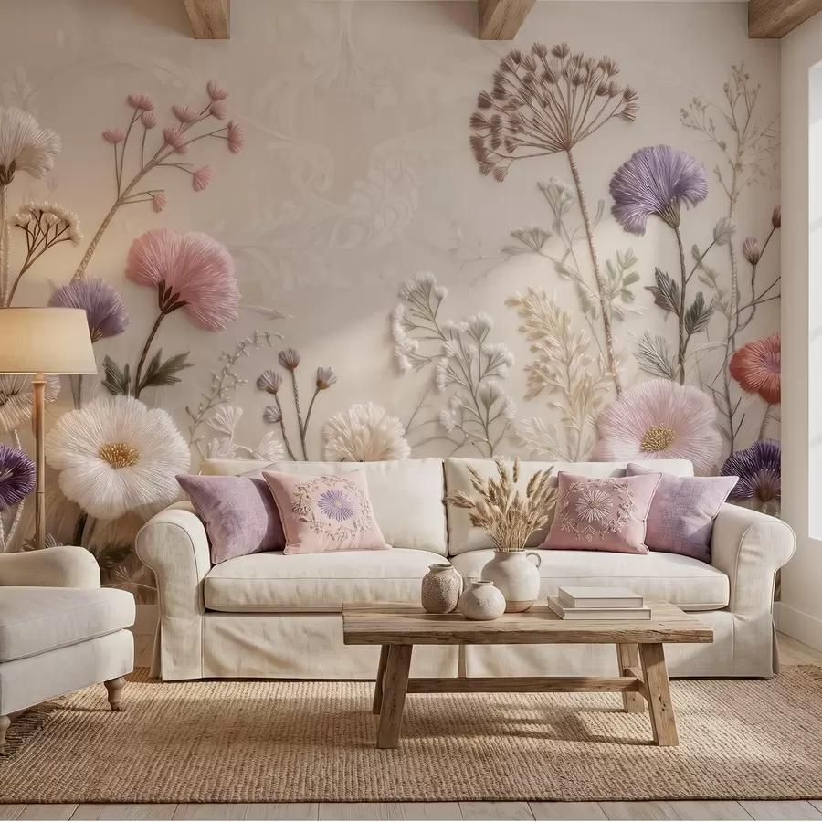 murais de parede Flores silvestres tridimensionais com efeito de bordado artesanal em tons pastéis w09874