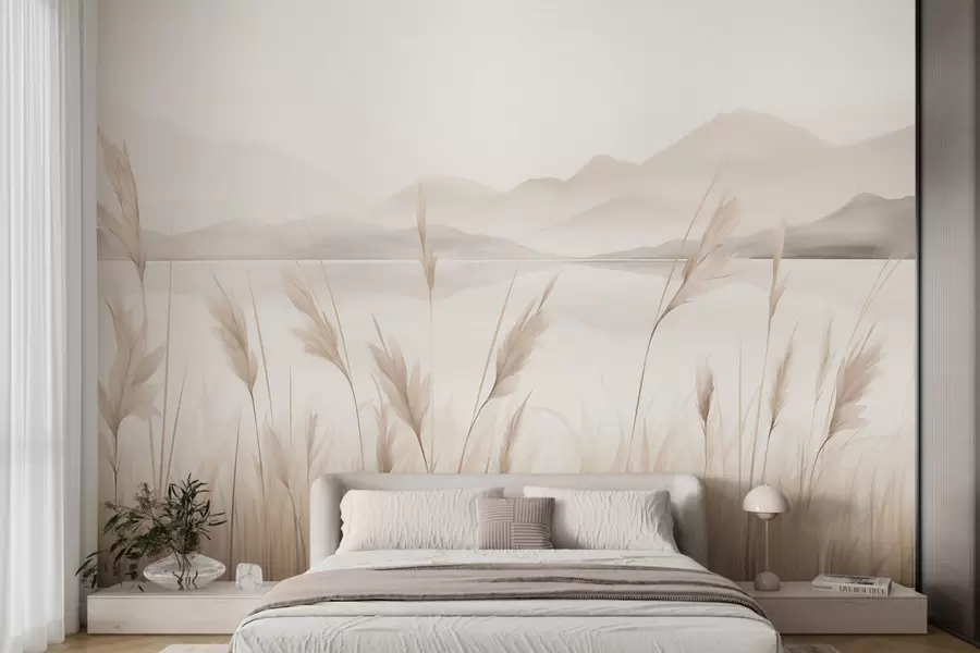 murais de parede Juncos perto de um lago, com montanhas ao fundo; imitação de uma pintura w05704
