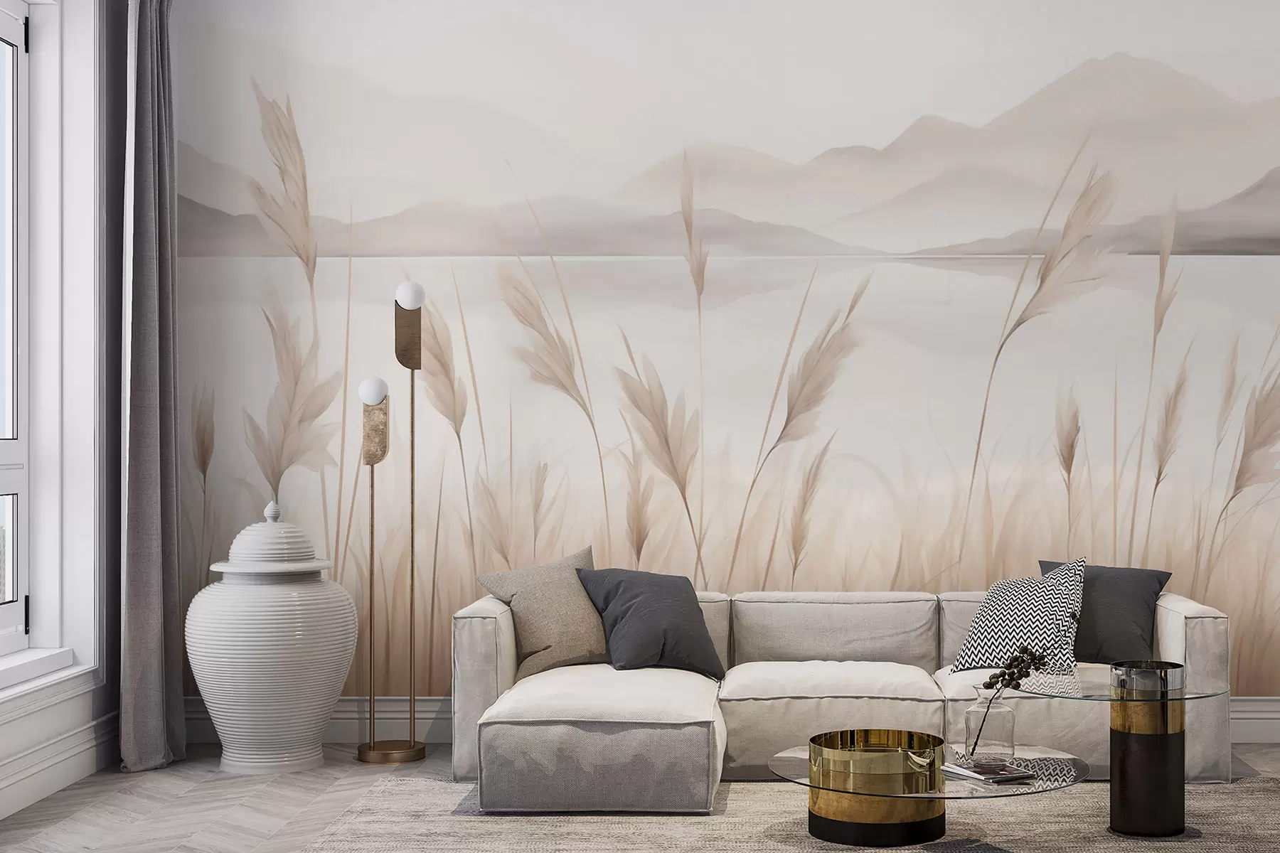 murais de parede Juncos perto de um lago, com montanhas ao fundo; imitação de uma pintura w05704