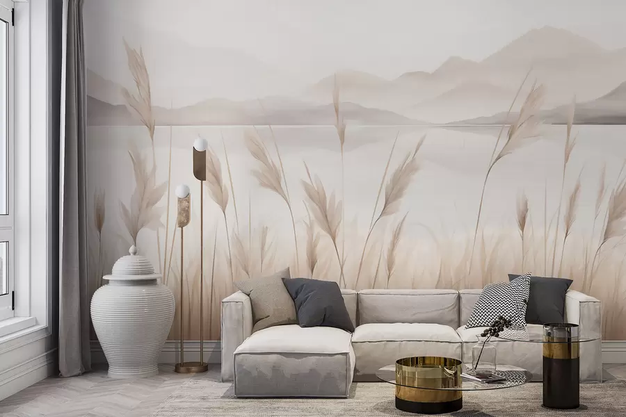murais de parede Juncos perto de um lago, com montanhas ao fundo; imitação de uma pintura w05704