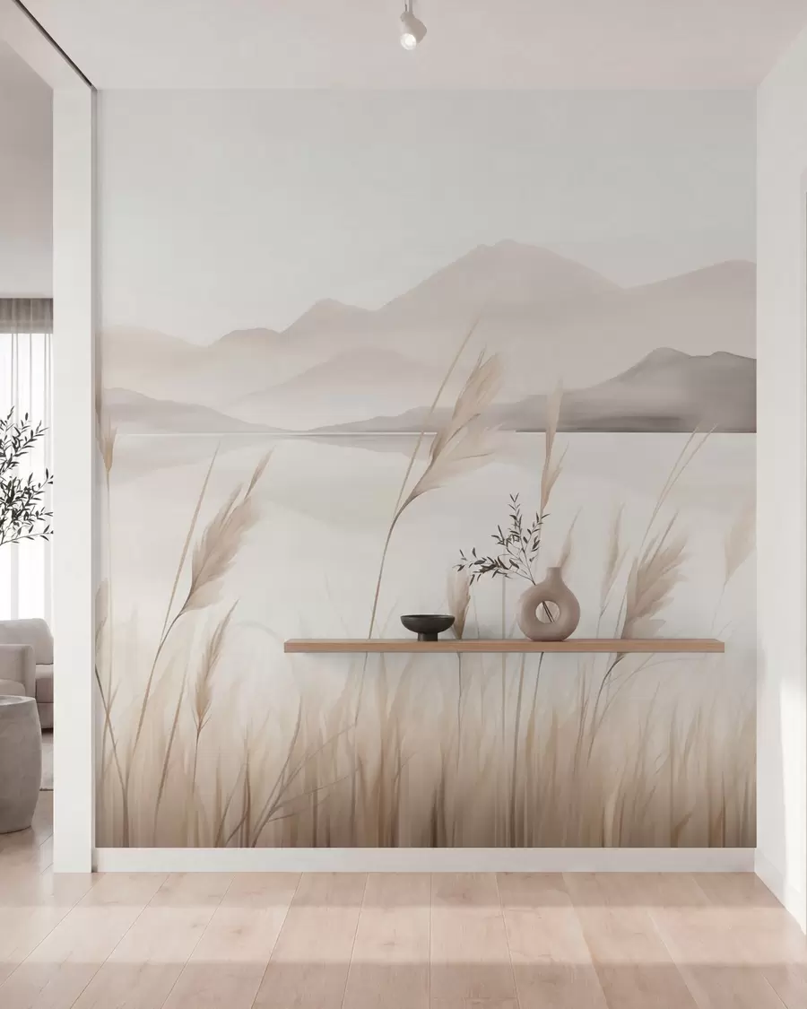 murais de parede Juncos perto de um lago, com montanhas ao fundo; imitação de uma pintura w05704