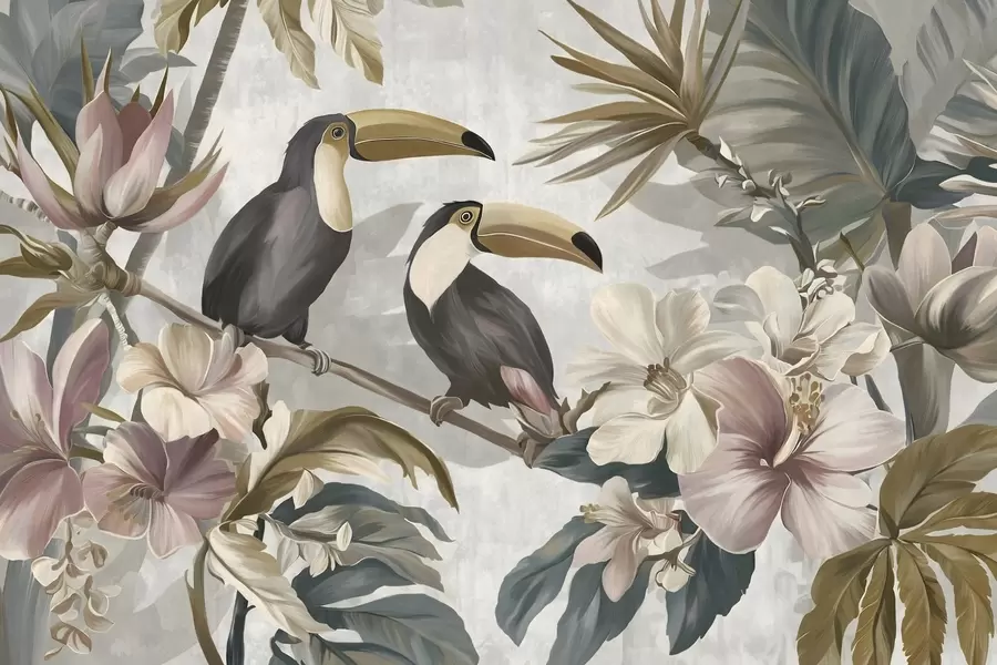 murais de parede um casal de tucanos em meio a flores e folhas tropicais w05657