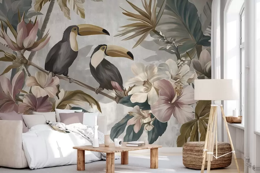 murais de parede um casal de tucanos em meio a flores e folhas tropicais w05657