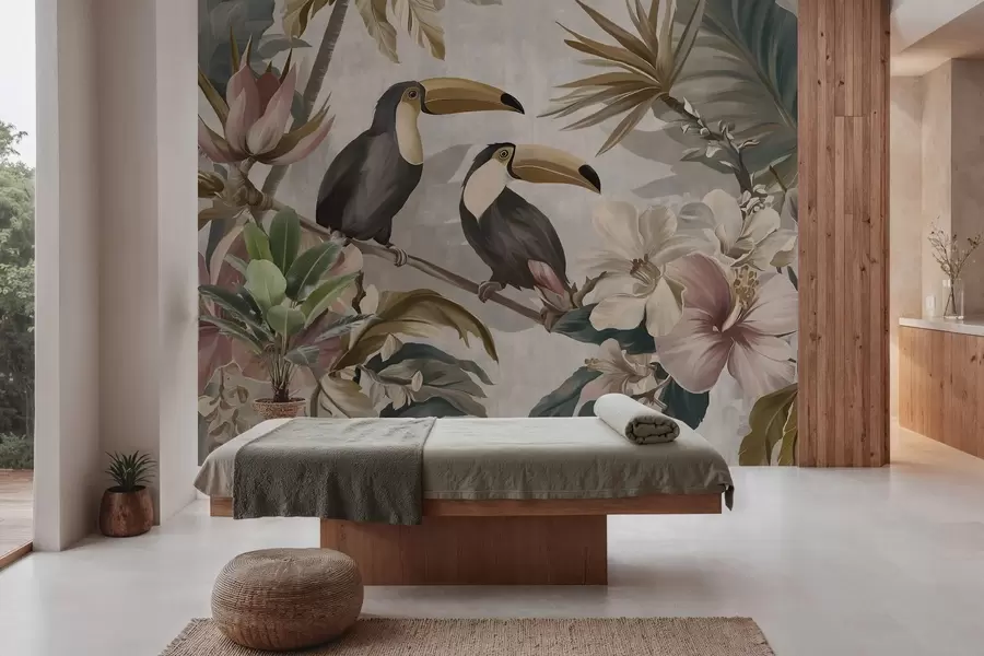 murais de parede um casal de tucanos em meio a flores e folhas tropicais w05657