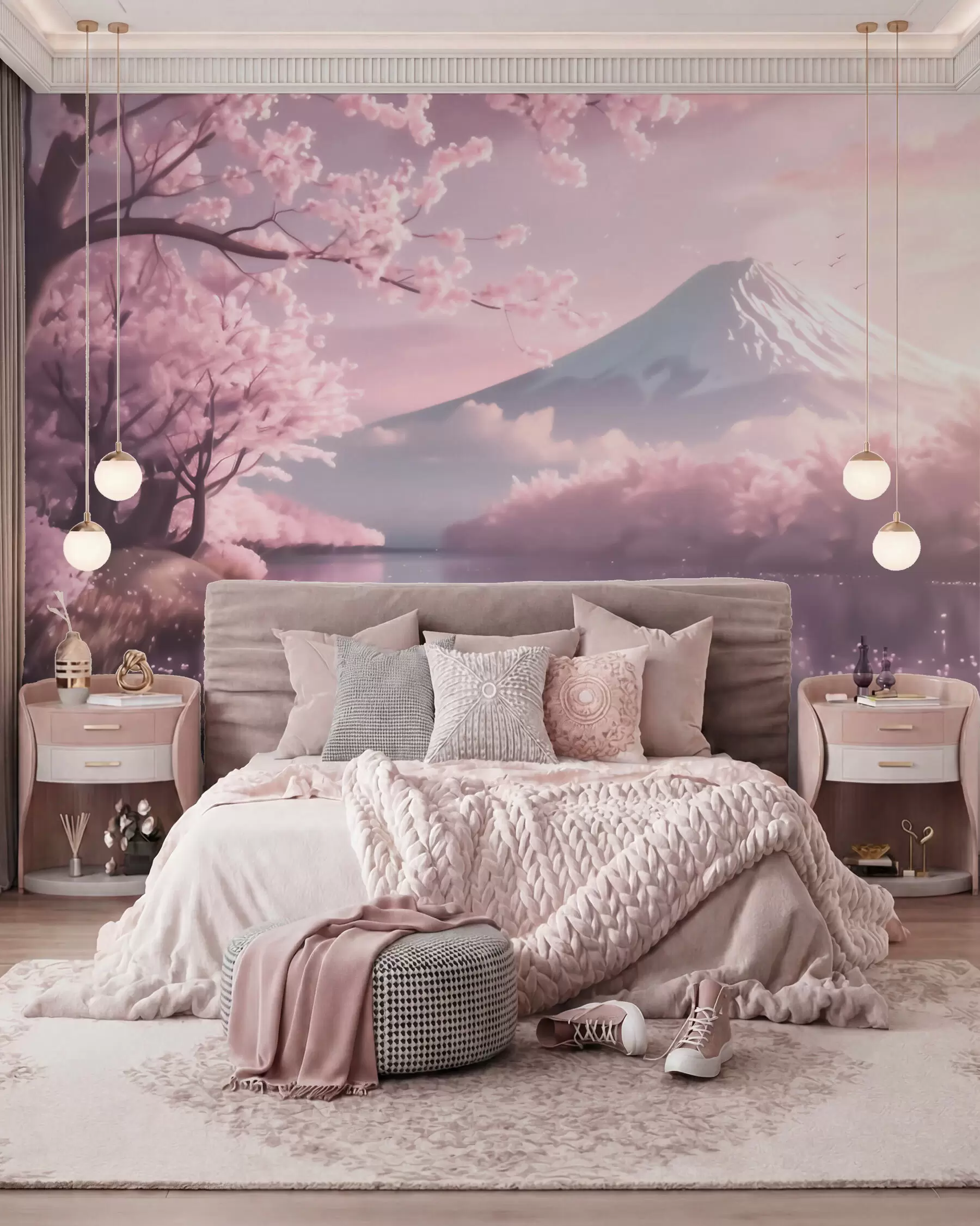 murais de parede Paisagem japonesa serena com flores de cerejeira e um lago nas montanhas ao nascer do sol w09864