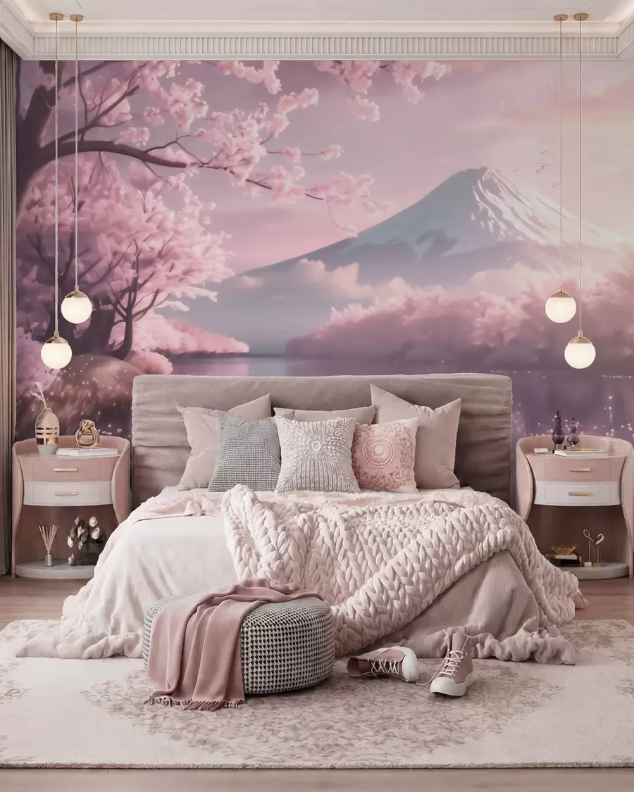 murais de parede Paisagem japonesa serena com flores de cerejeira e um lago nas montanhas ao nascer do sol w09864