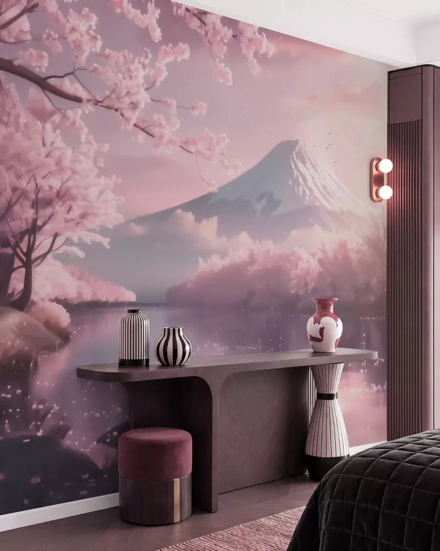 murais de parede Paisagem japonesa serena com flores de cerejeira e um lago nas montanhas ao nascer do sol w09864