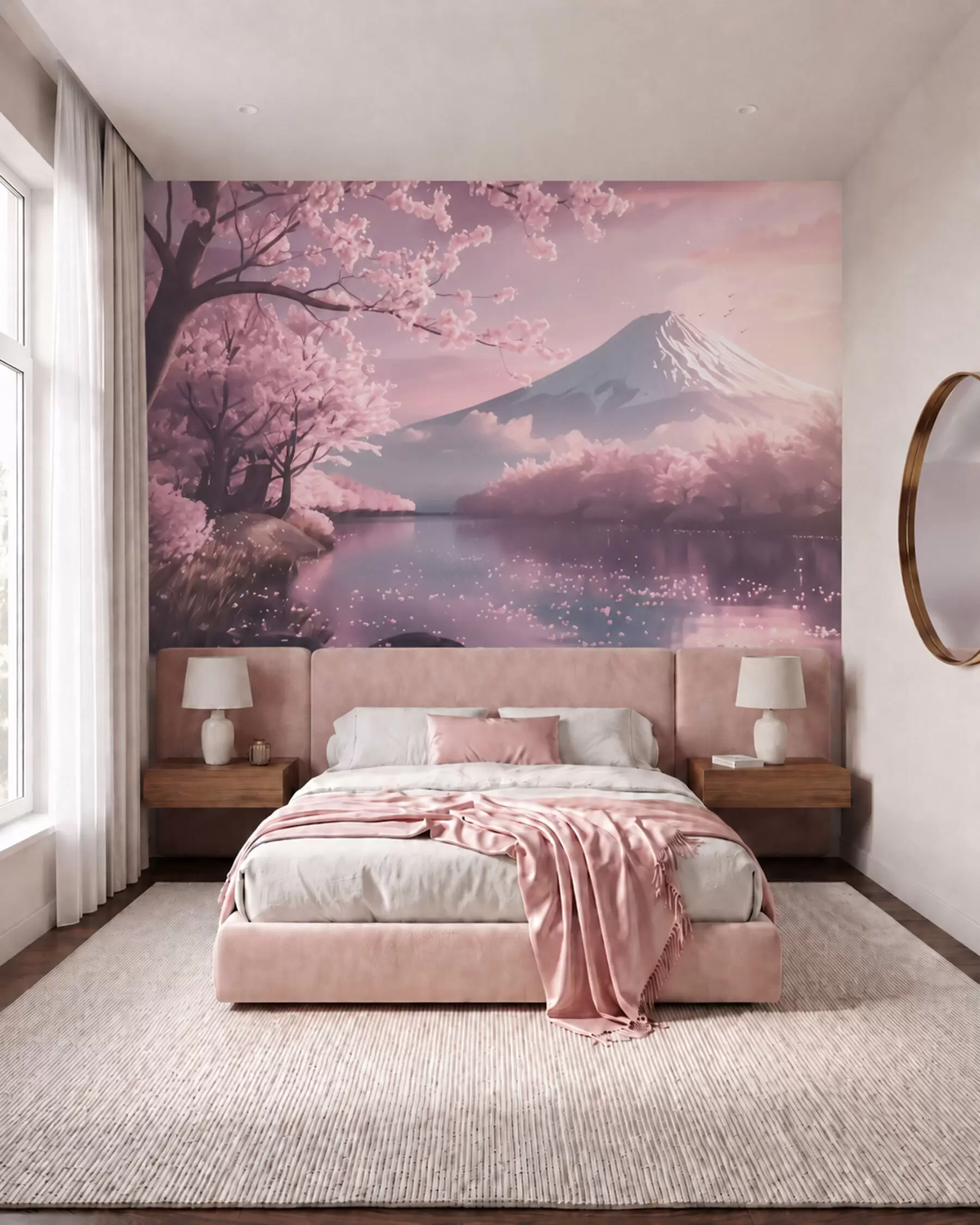 murais de parede Paisagem japonesa serena com flores de cerejeira e um lago nas montanhas ao nascer do sol w09864