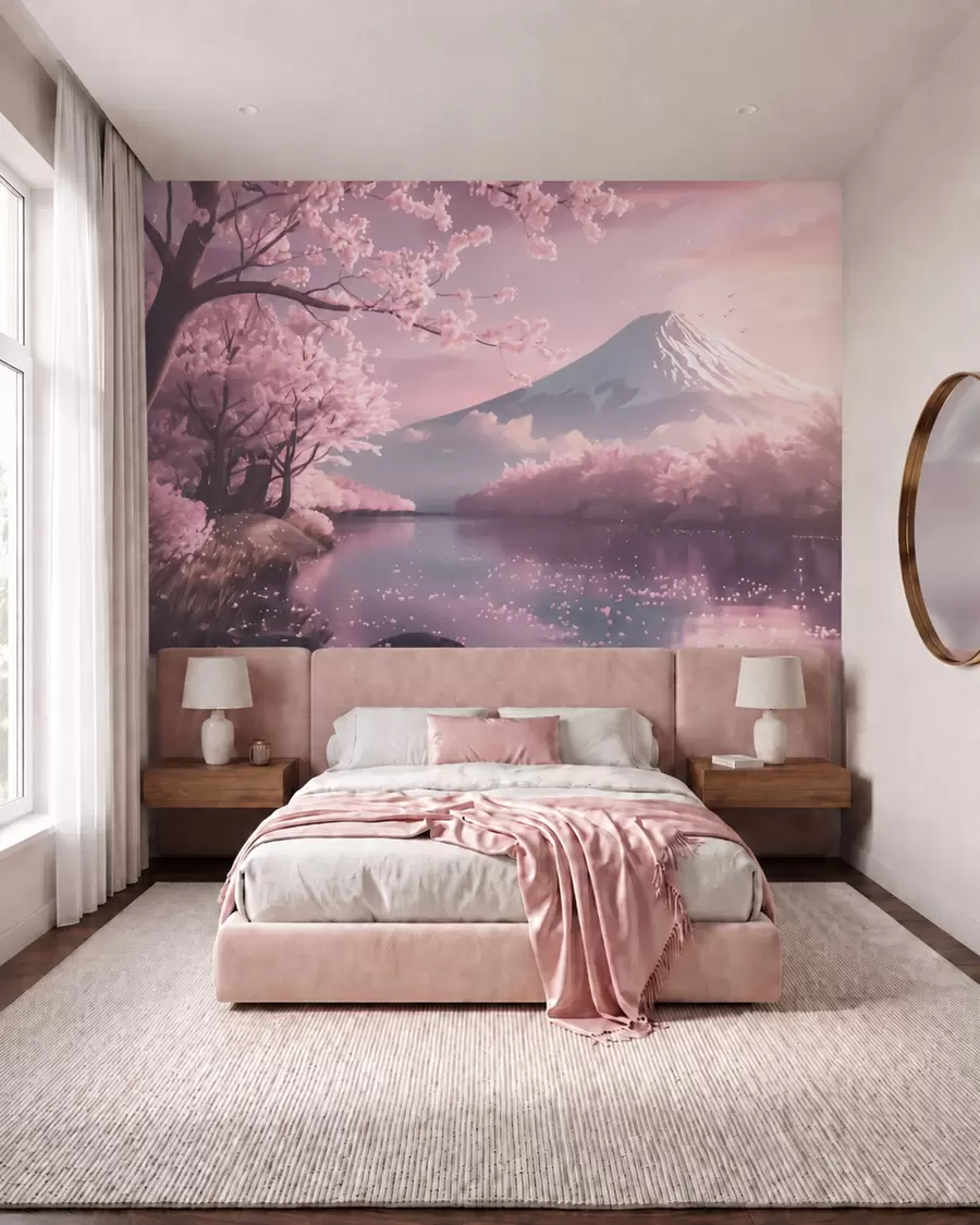 murais de parede Paisagem japonesa serena com flores de cerejeira e um lago nas montanhas ao nascer do sol w09864
