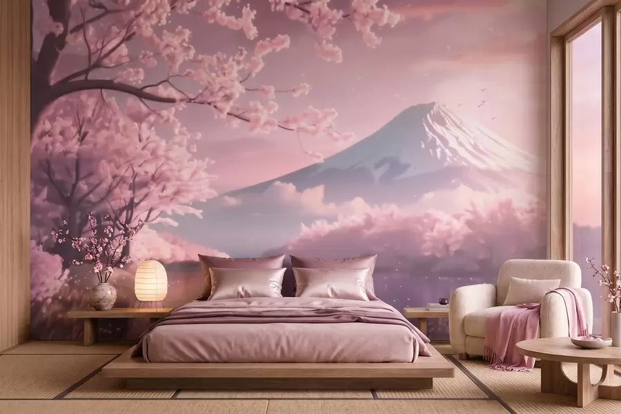 murais de parede Paisagem japonesa serena com flores de cerejeira e um lago nas montanhas ao nascer do sol w09864
