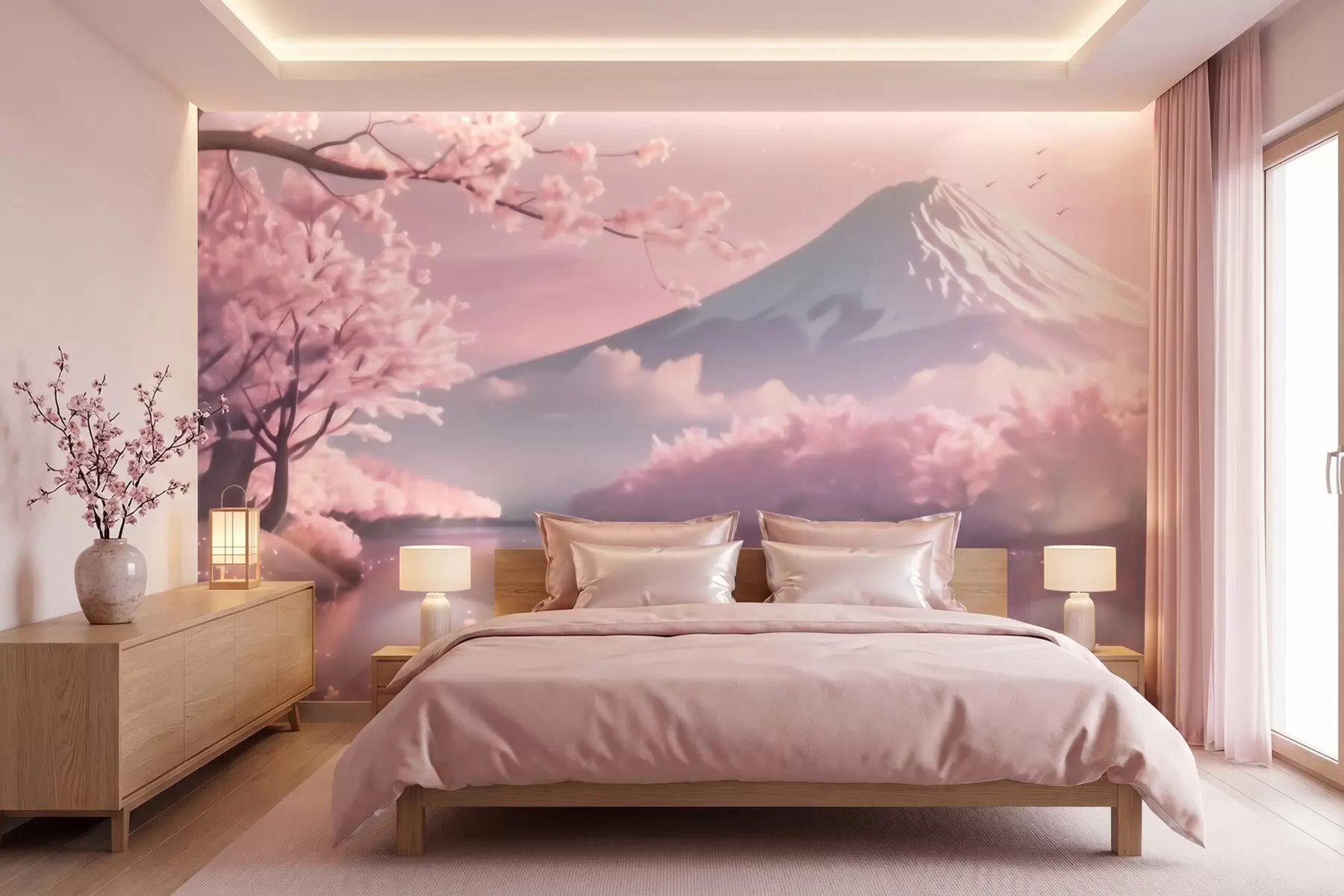 murais de parede Paisagem japonesa serena com flores de cerejeira e um lago nas montanhas ao nascer do sol w09864