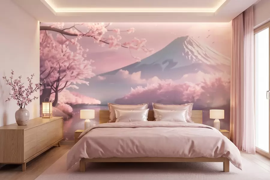 murais de parede Paisagem japonesa serena com flores de cerejeira e um lago nas montanhas ao nascer do sol w09864