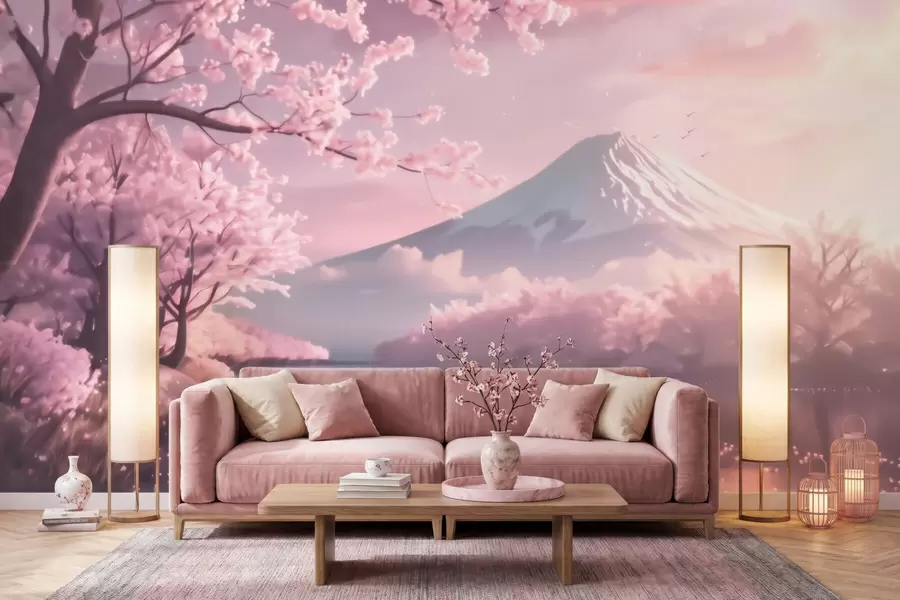 murais de parede Paisagem japonesa serena com flores de cerejeira e um lago nas montanhas ao nascer do sol w09864