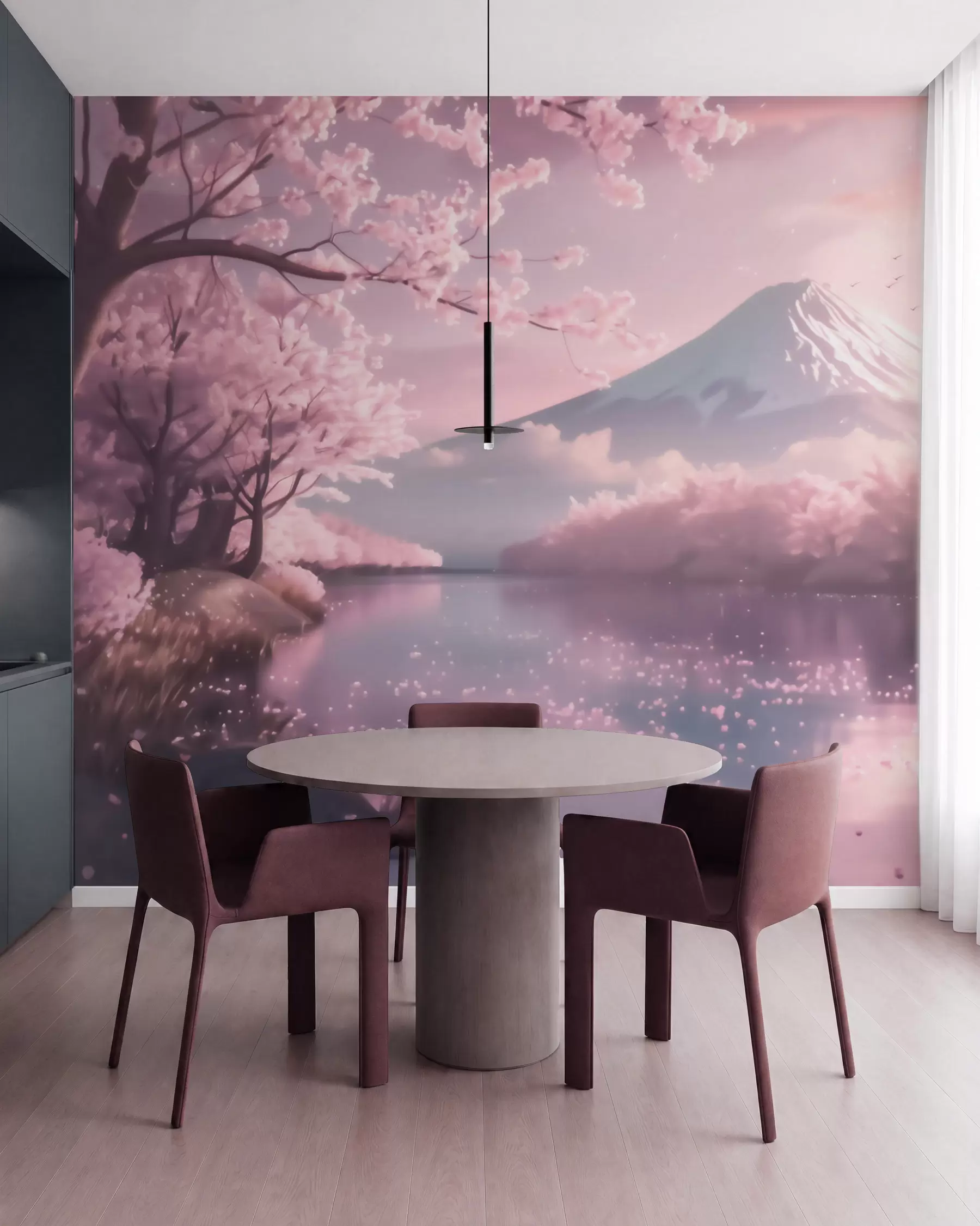 murais de parede Paisagem japonesa serena com flores de cerejeira e um lago nas montanhas ao nascer do sol w09864