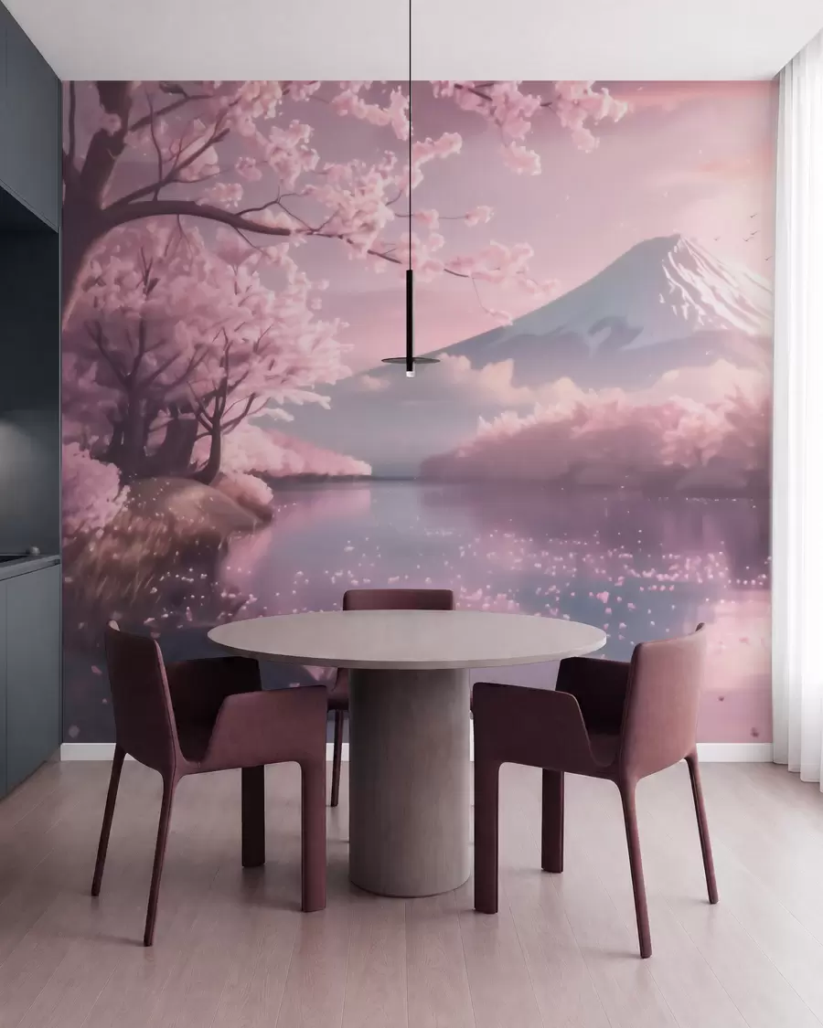murais de parede Paisagem japonesa serena com flores de cerejeira e um lago nas montanhas ao nascer do sol w09864