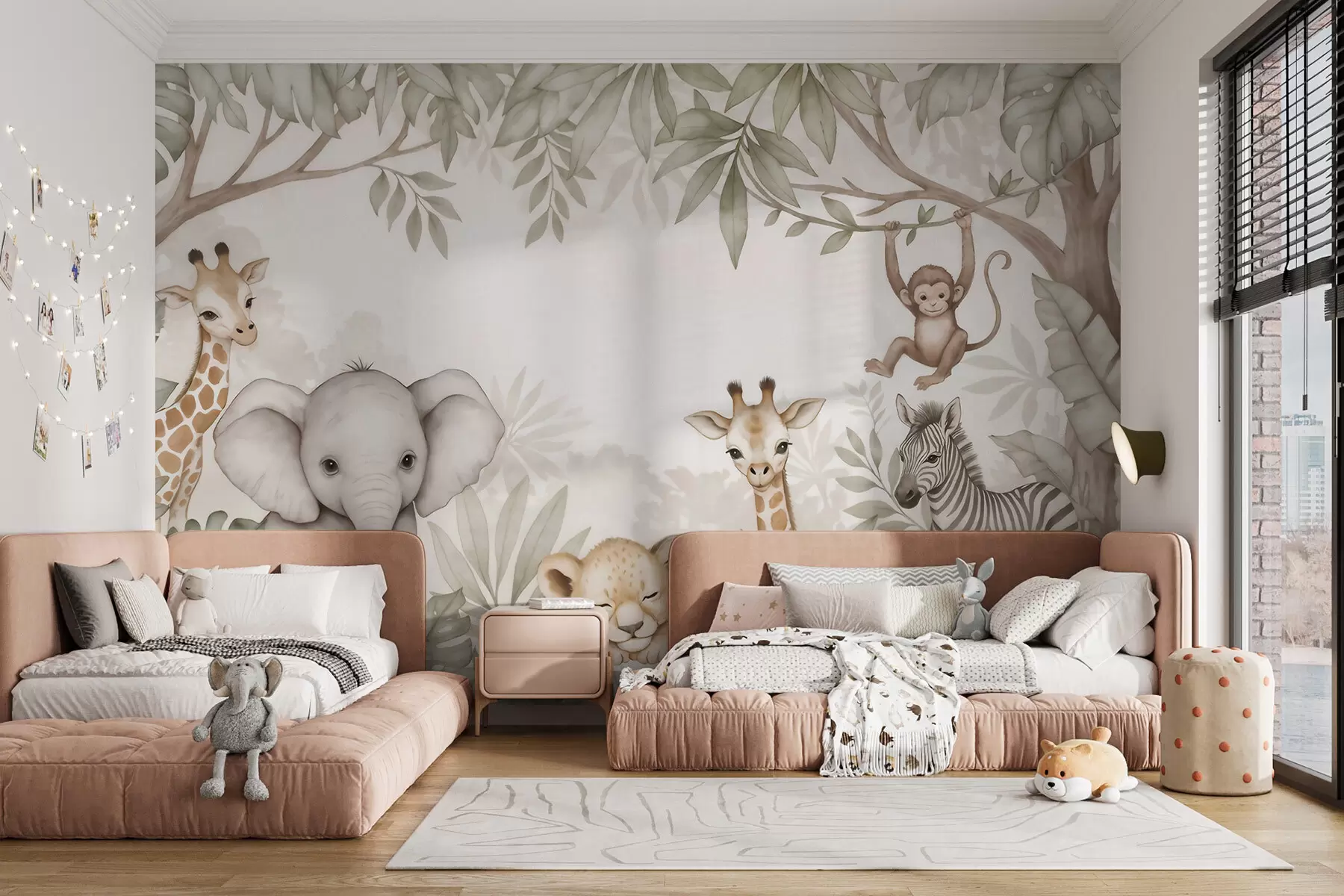 murais de parede Animais adoráveis da savana em meio à vegetação tropical, em estilo aquarela w09885