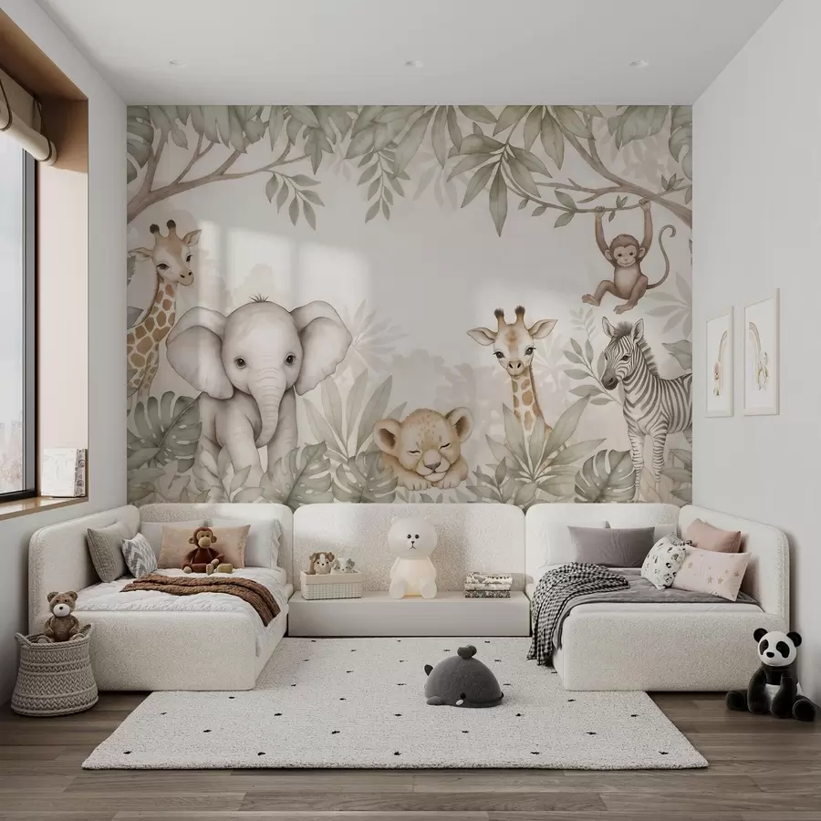 murais de parede Animais adoráveis da savana em meio à vegetação tropical, em estilo aquarela w09885