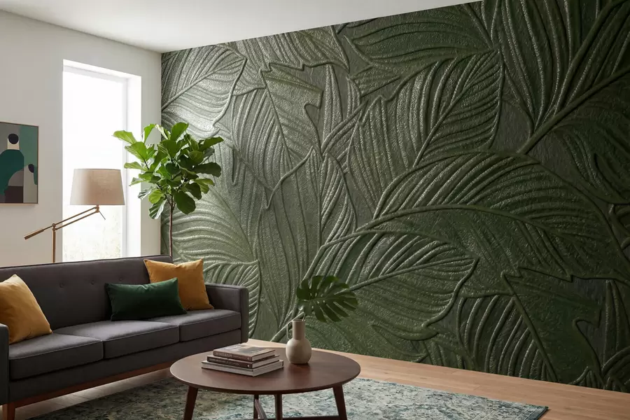 murais de parede Folhas tropicais em relevo, com detalhes delicados em tons de verde exuberantes w09886v1