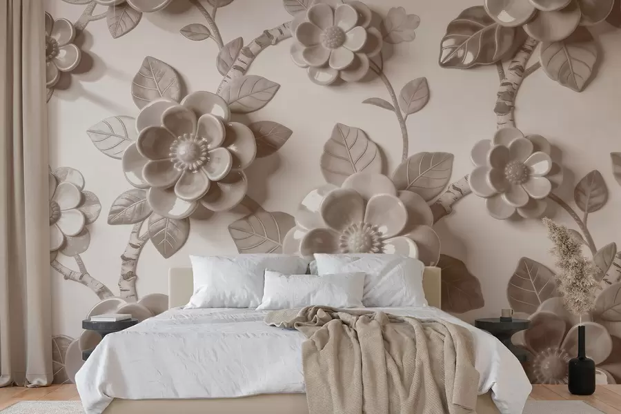 murais de parede Arranjo elegante em bege com flores tridimensionais esculpidas w09887v1