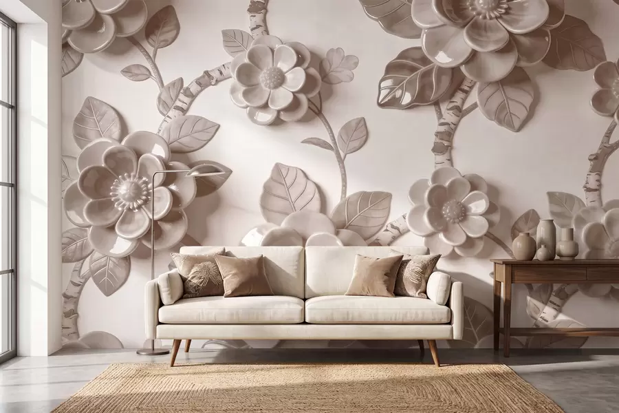 murais de parede Arranjo elegante em bege com flores tridimensionais esculpidas w09887v1