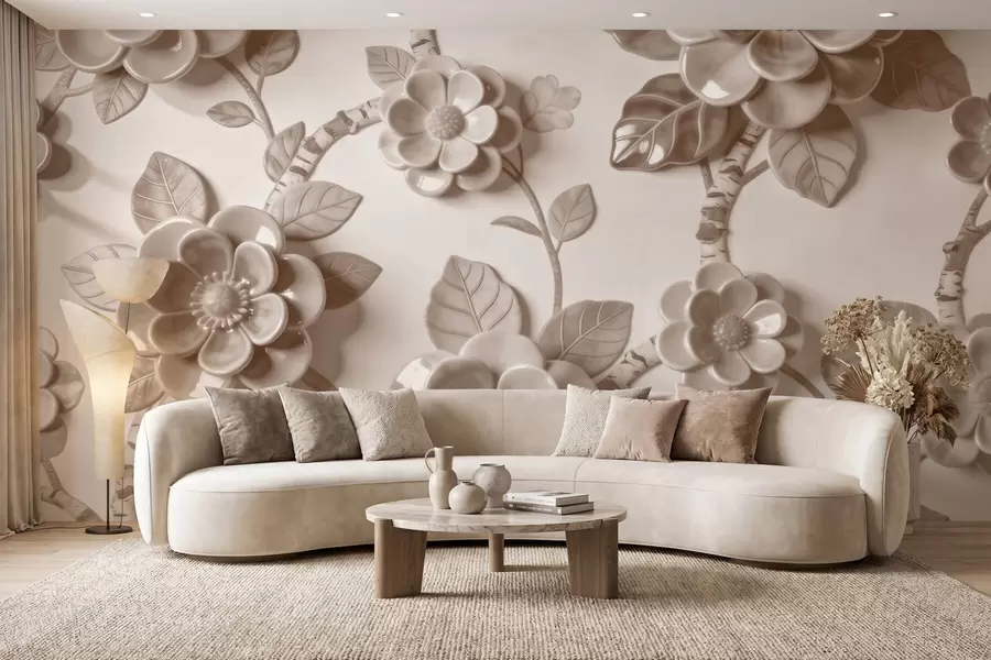 murais de parede Arranjo elegante em bege com flores tridimensionais esculpidas w09887v1